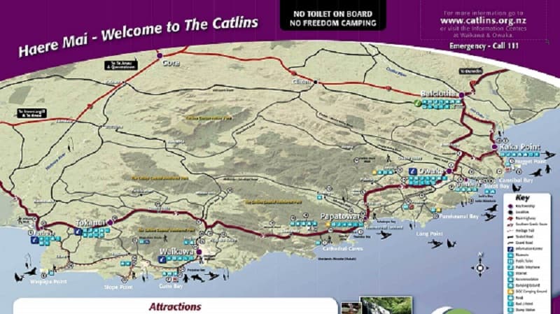 Mapa con todos los puntos más interesantes de Catlins